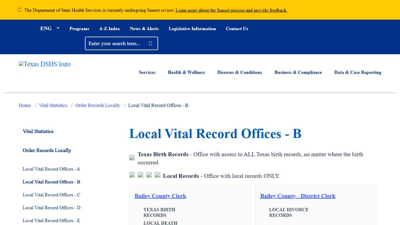 Local Vital Record Offices - B Texas DSHS